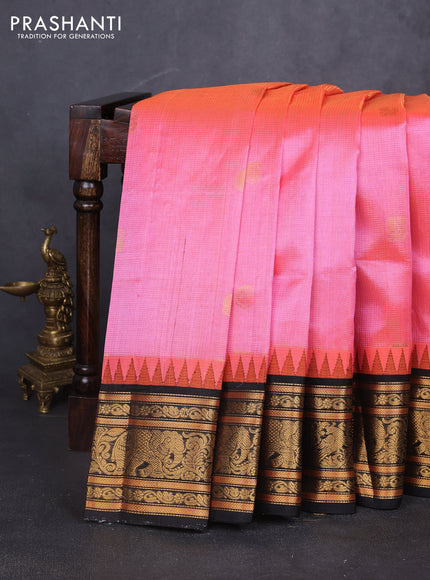 Kuppadam silk cotton saree peach pink and black with allover vairosi pattern & buttas and long zari woven border