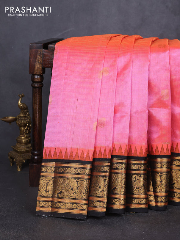 Kuppadam silk cotton saree peach pink and black with allover vairosi pattern & buttas and long zari woven border