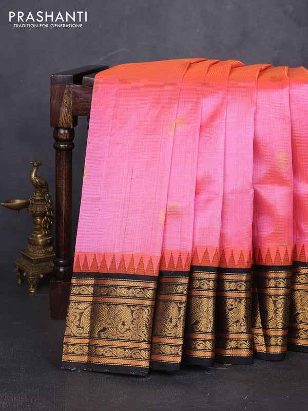 Kuppadam silk cotton saree peach pink and black with allover vairosi pattern & buttas and long zari woven border