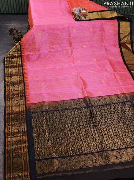 Kuppadam silk cotton saree peach pink and black with allover vairosi pattern & buttas and long zari woven border