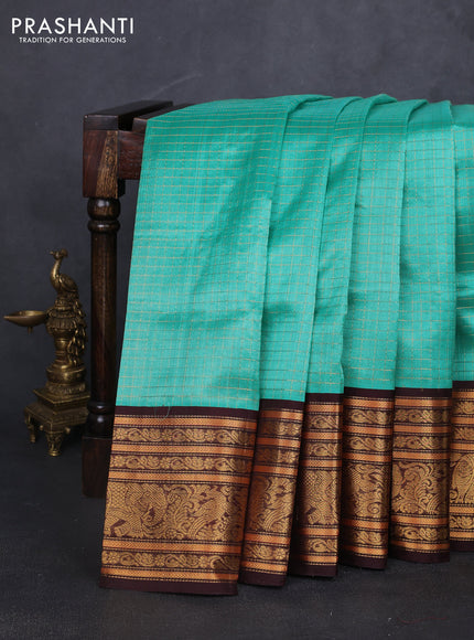 Kuppadam silk cotton saree teal green and coffee brown with allover small zari checked pattern and long zari woven border