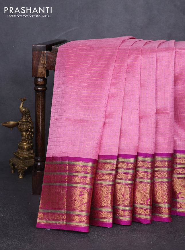 Kuppadam silk cotton saree mauve pink and purple with allover small zari checked pattern and long zari woven border