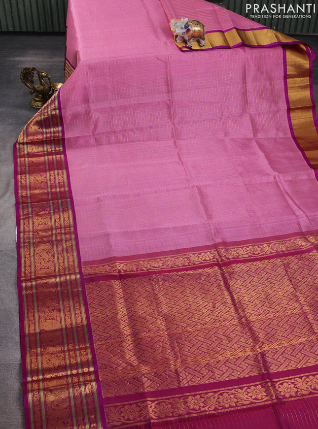 Kuppadam silk cotton saree mauve pink and purple with allover small zari checked pattern and long zari woven border