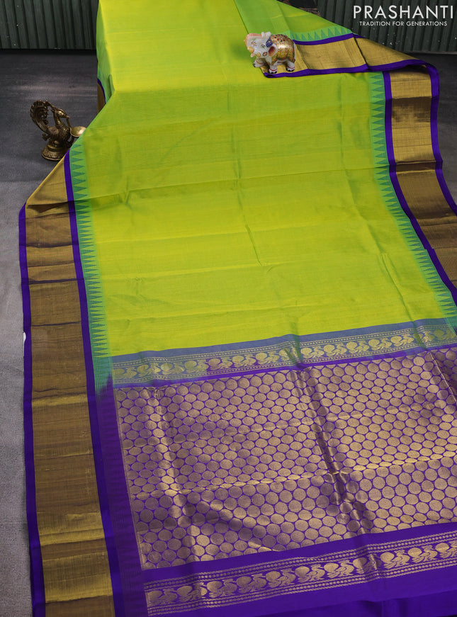 Kuppadam silk cotton saree light green and violet with plain body and temple design zari woven border