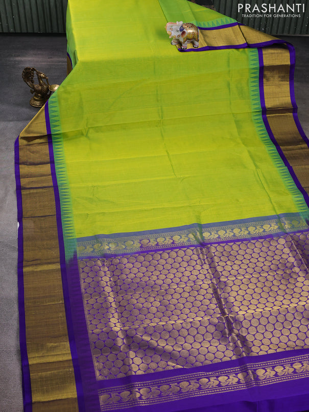 Kuppadam silk cotton saree light green and violet with plain body and temple design zari woven border