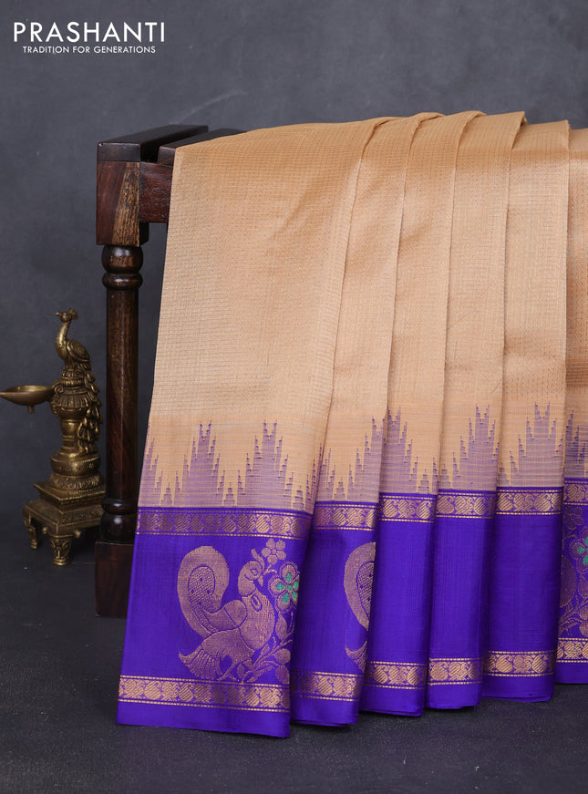 Kuppadam silk cotton saree sandal and violet with allover small zari checked pattern and rettapet zari woven butta border