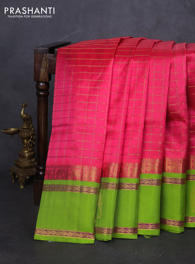 Kuppadam silk cotton saree candy pink and light green with allover zari checked pattern and rettapet zari woven butta border