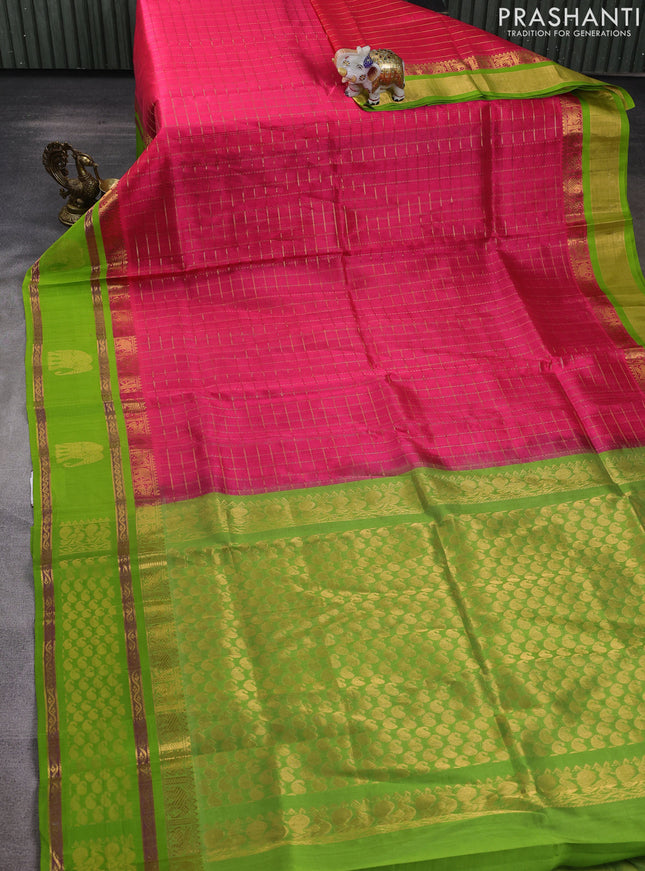 Kuppadam silk cotton saree candy pink and light green with allover zari checked pattern and rettapet zari woven butta border