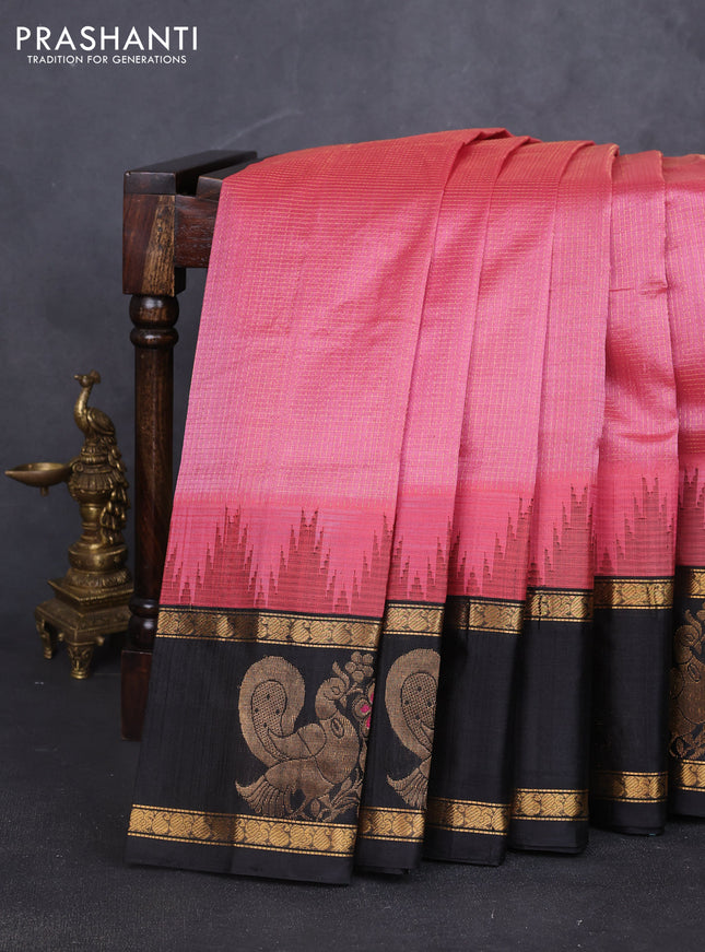 Kuppadam silk cotton saree mauve pink and black with allover small zari checked pattern and rettapet zari woven butta border