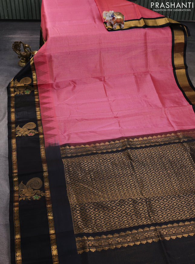 Kuppadam silk cotton saree mauve pink and black with allover small zari checked pattern and rettapet zari woven butta border