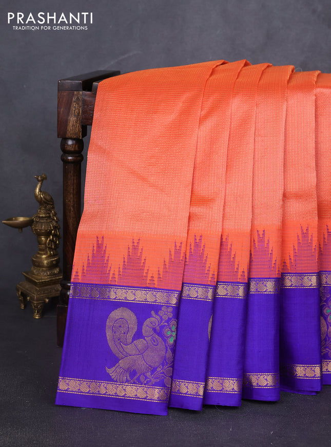 Kuppadam silk cotton saree peach orange and violet with allover small zari checked pattern and rettapet zari woven butta border