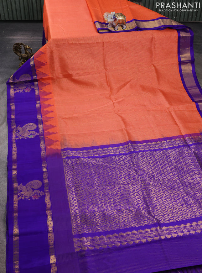 Kuppadam silk cotton saree peach orange and violet with allover small zari checked pattern and rettapet zari woven butta border