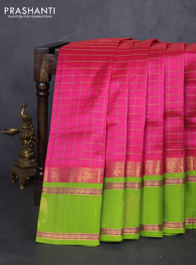 Kuppadam silk cotton saree pink and light green with allover zari checked pattern and rettapet zari woven butta border