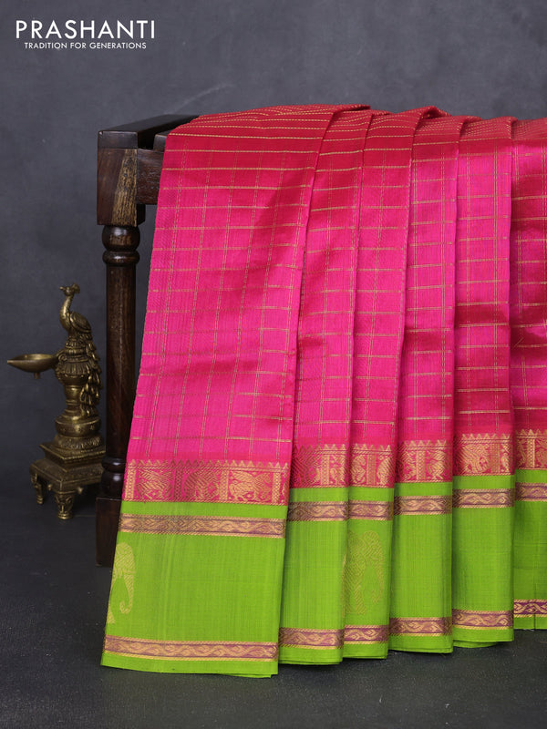 Kuppadam silk cotton saree pink and light green with allover zari checked pattern and rettapet zari woven butta border