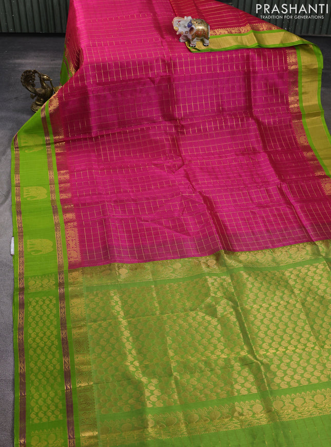 Kuppadam silk cotton saree pink and light green with allover zari checked pattern and rettapet zari woven butta border