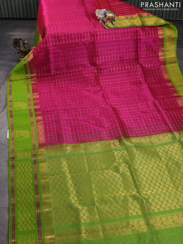 Kuppadam silk cotton saree pink and light green with allover zari checked pattern and rettapet zari woven butta border