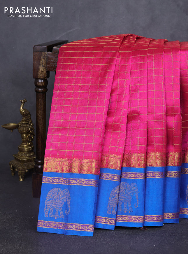 Kuppadam silk cotton saree pink and cs blue with allover zari checked pattern and rettapet zari woven butta border
