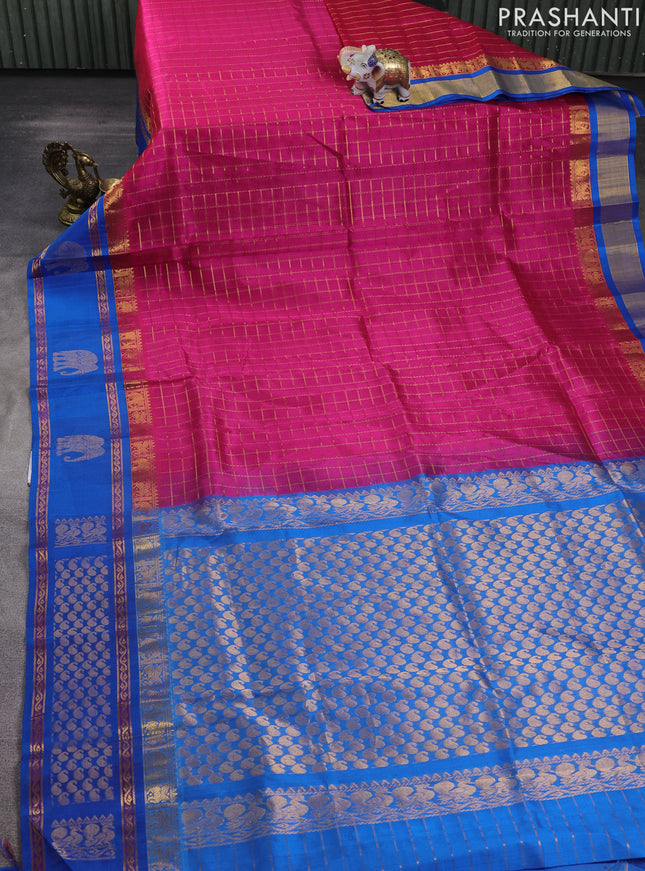 Kuppadam silk cotton saree pink and cs blue with allover zari checked pattern and rettapet zari woven butta border