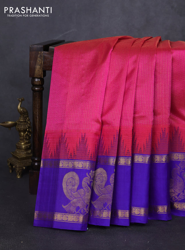 Kuppadam silk cotton saree pink and violet with allover small zari checked pattern and rettapet zari woven butta border