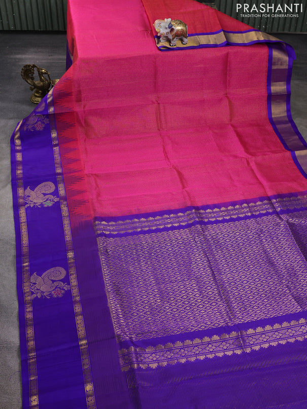 Kuppadam silk cotton saree pink and violet with allover small zari checked pattern and rettapet zari woven butta border