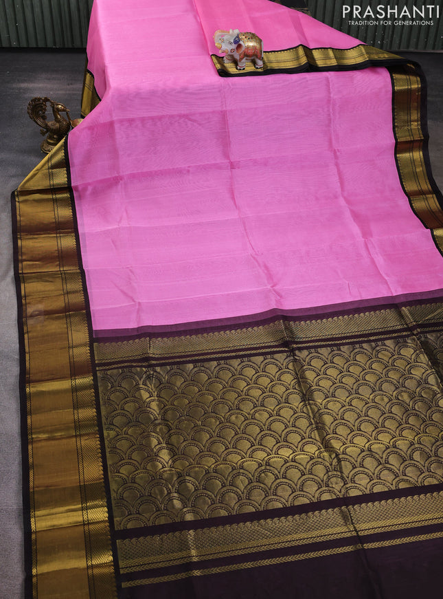 Kuppadam silk cotton saree light pink and deep coffee brown with plain body and long zari woven border