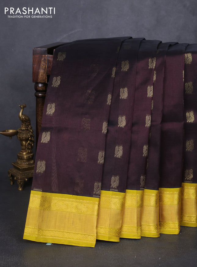 Kuppadam silk cotton saree black and lime yellow with annam zari woven buttas and zari woven border