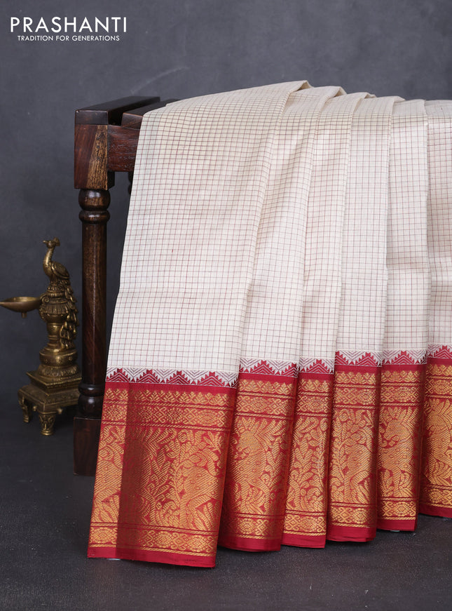 Kuppadam silk cotton saree cream and maroon with allover small checked pattern and long zari woven border