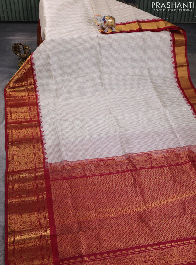 Kuppadam silk cotton saree cream and maroon with allover small checked pattern and long zari woven border