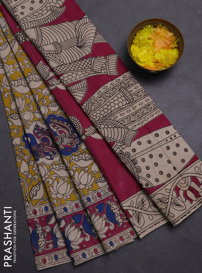 Kalamkari cotton saree yellow and pink with allover prints and printed border