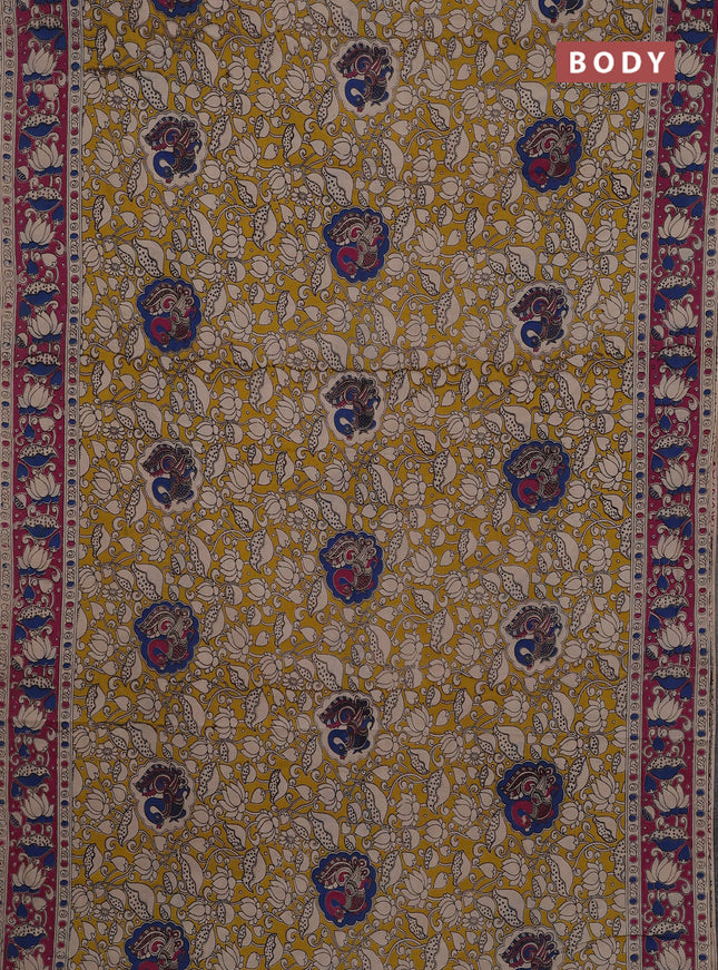 Kalamkari cotton saree yellow and pink with allover prints and printed border