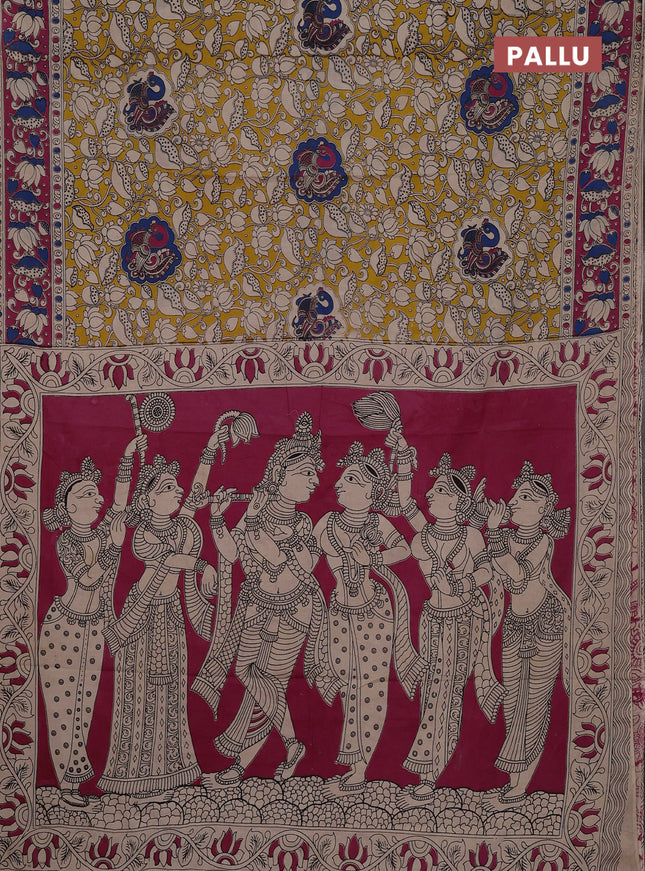 Kalamkari cotton saree yellow and pink with allover prints and printed border