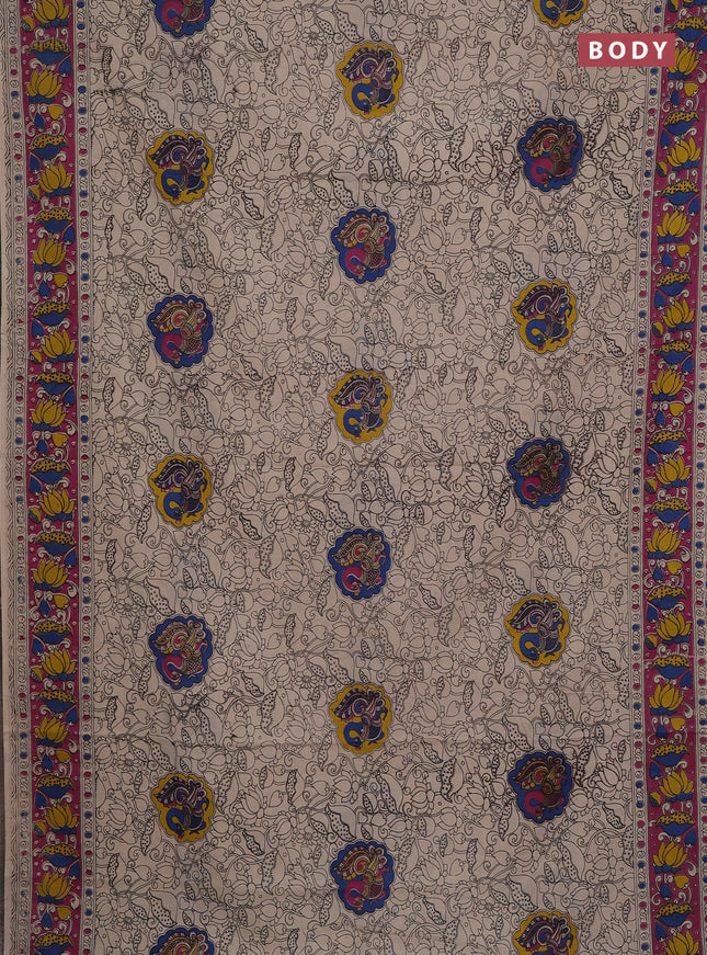 Kalamkari cotton saree beige and pink with allover prints and printed border