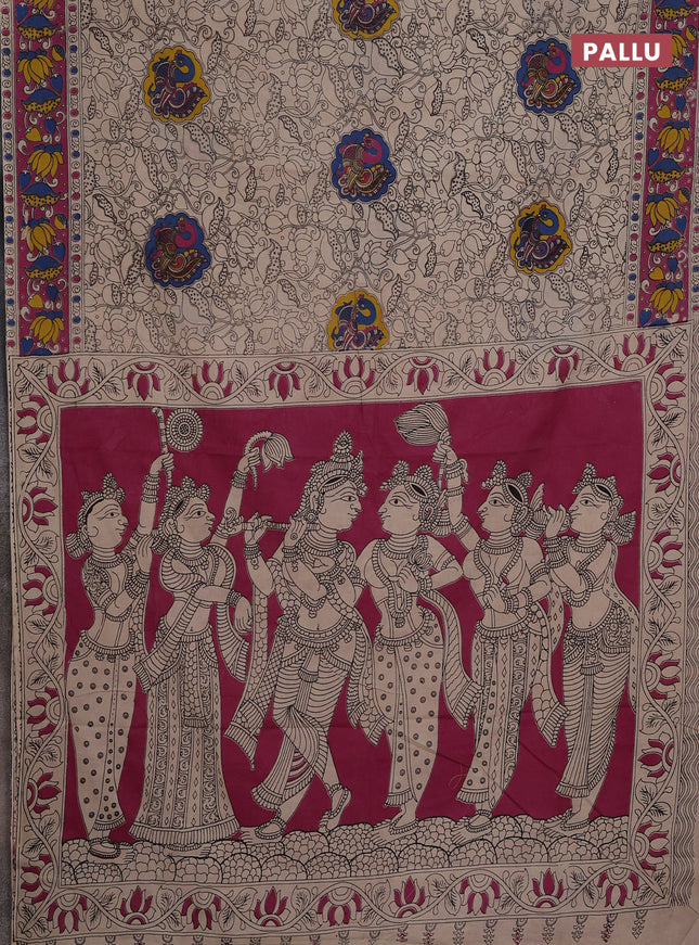 Kalamkari cotton saree beige and pink with allover prints and printed border