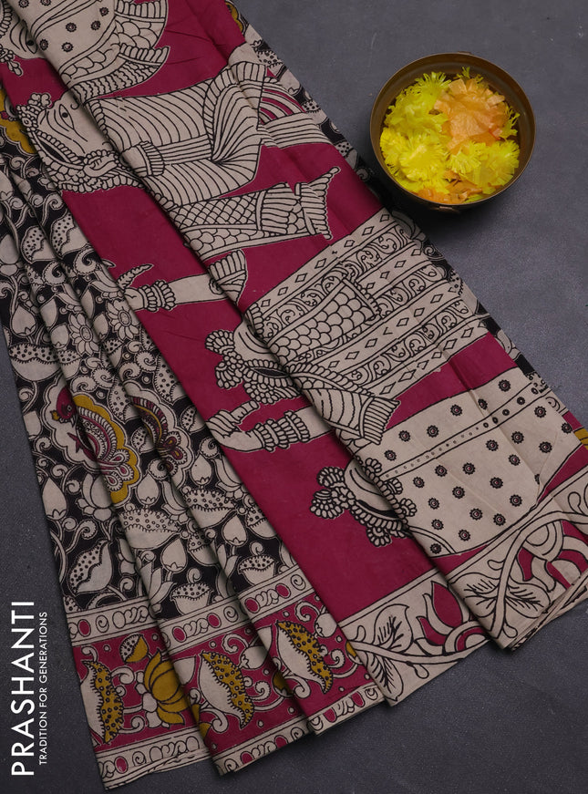 Kalamkari cotton saree black and pink with allover prints and printed border