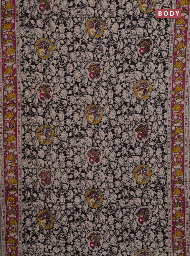 Kalamkari cotton saree black and pink with allover prints and printed border