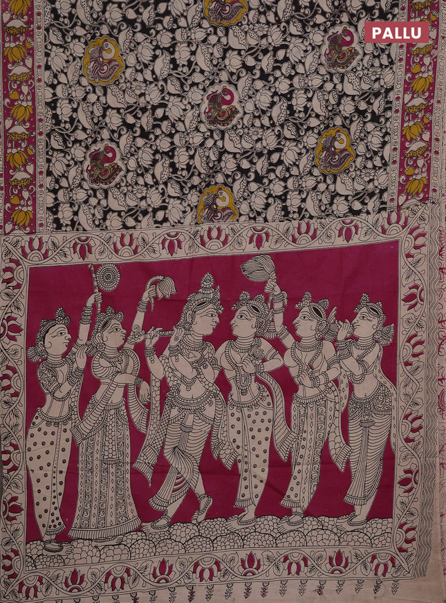 Kalamkari cotton saree black and pink with allover prints and printed border