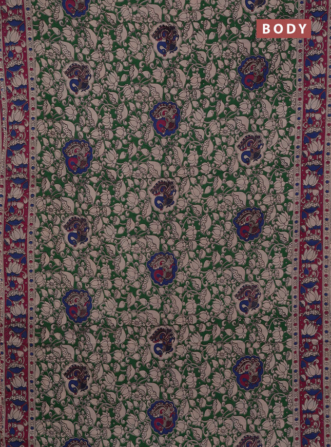 Kalamkari cotton saree green and pink with allover prints and printed border
