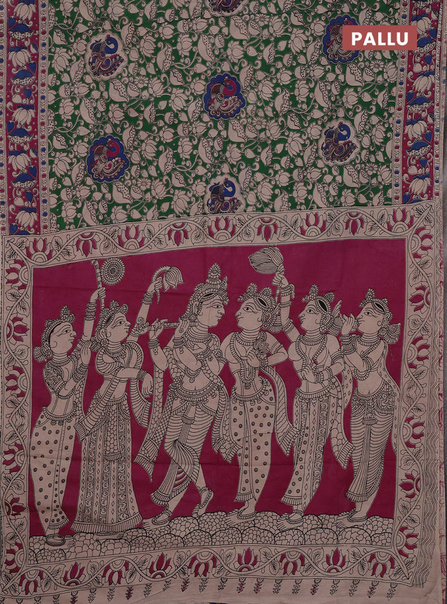 Kalamkari cotton saree green and pink with allover prints and printed border
