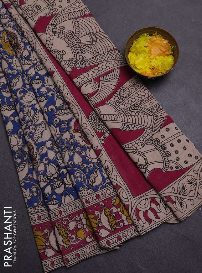 Kalamkari cotton saree blue and pink with allover prints and printed border