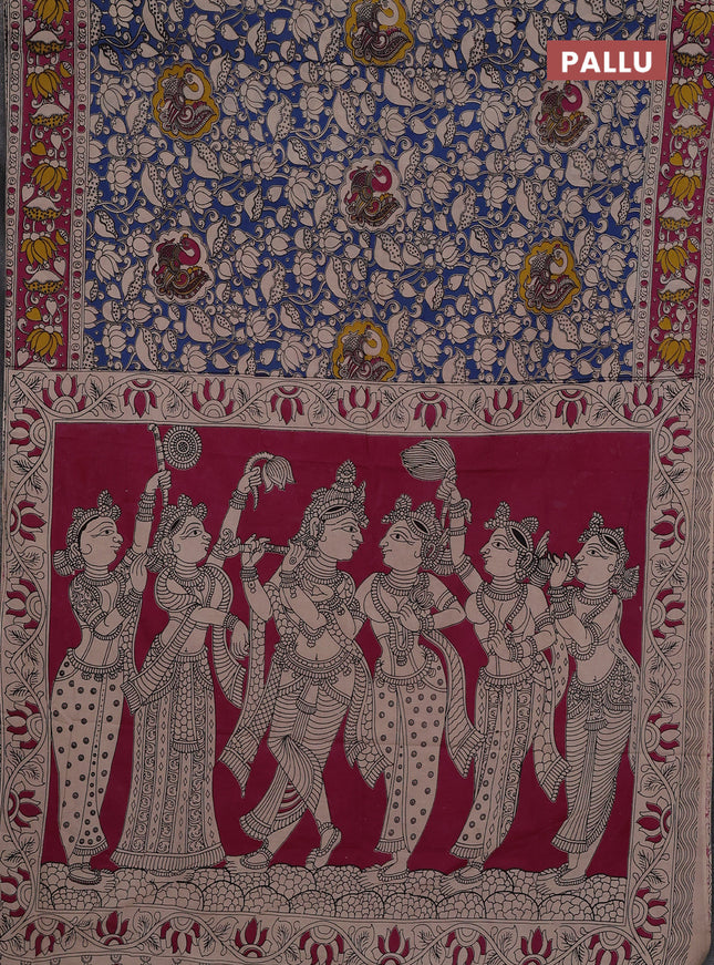 Kalamkari cotton saree blue and pink with allover prints and printed border