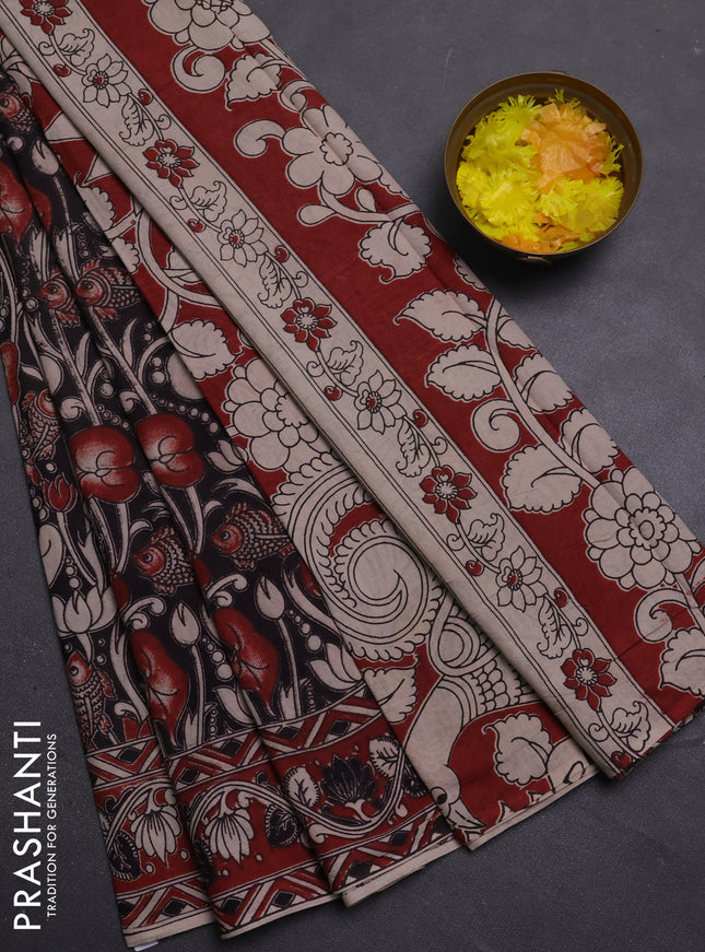 Kalamkari cotton saree black and maroon with allover prints and printed border