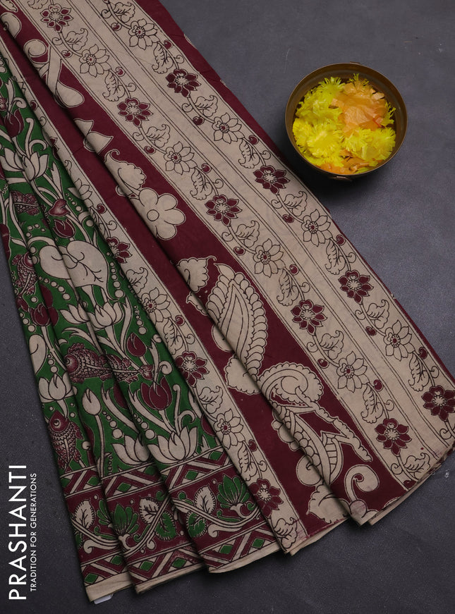 Kalamkari cotton saree light green and wine shade with allover prints and printed border