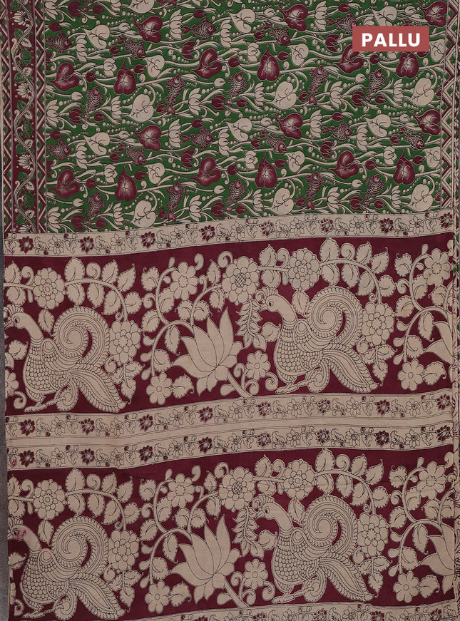 Kalamkari cotton saree light green and wine shade with allover prints and printed border