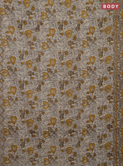 Kalamkari cotton saree beige and yellow with allover prints and printed border