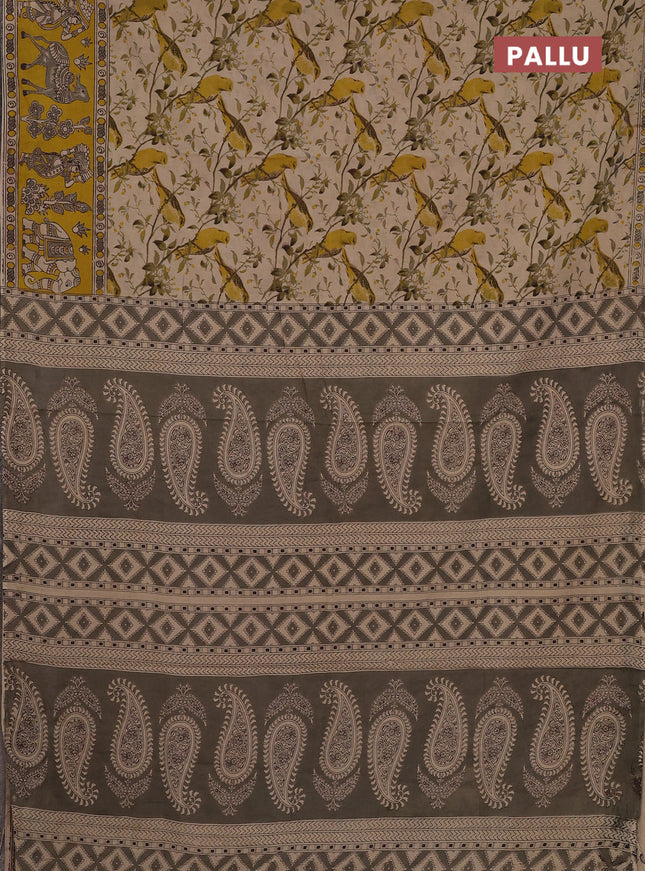 Kalamkari cotton saree beige and yellow with allover prints and printed border
