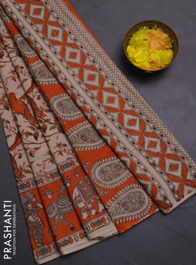 Kalamkari cotton saree beige and orange with allover prints and printed border