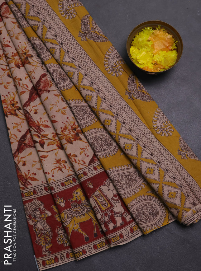 Kalamkari cotton saree beige and maroon with allover prints and printed border