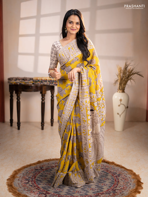 Kalamkari cotton saree yellow and beige with allover butta prints and printed border