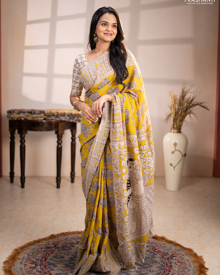 Kalamkari cotton saree yellow and beige with allover butta prints and printed border