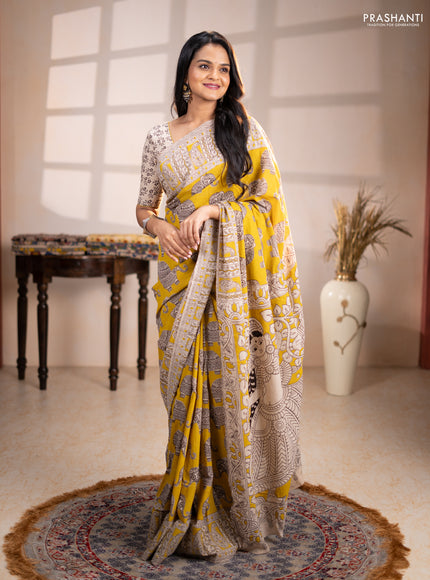 Kalamkari cotton saree yellow and beige with allover butta prints and printed border